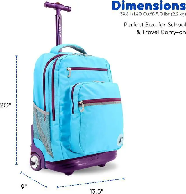Alt view image 7 of 7 - J World Sundance Laptop Rolling Backpack for Girls Boys. Roller Bookbag with Wheels, 20 Inch, Sky Blue