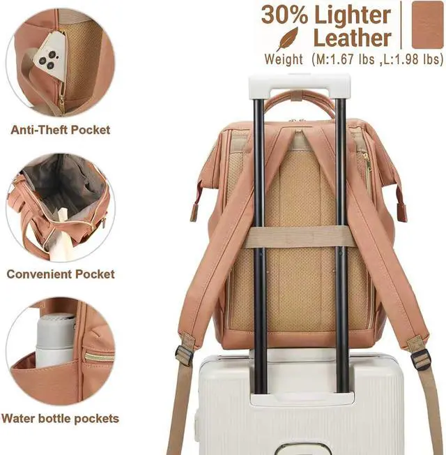 Alt view image 2 of 6 - Kah&Kee Leather Laptop Backpack for Women 16 inch Teacher Work Travel Bag | Premium water-resistant PU leather. Fits 15.6 & 16 laptops. Anti-theft pocket, luggage strap. Ideal for daily commute.