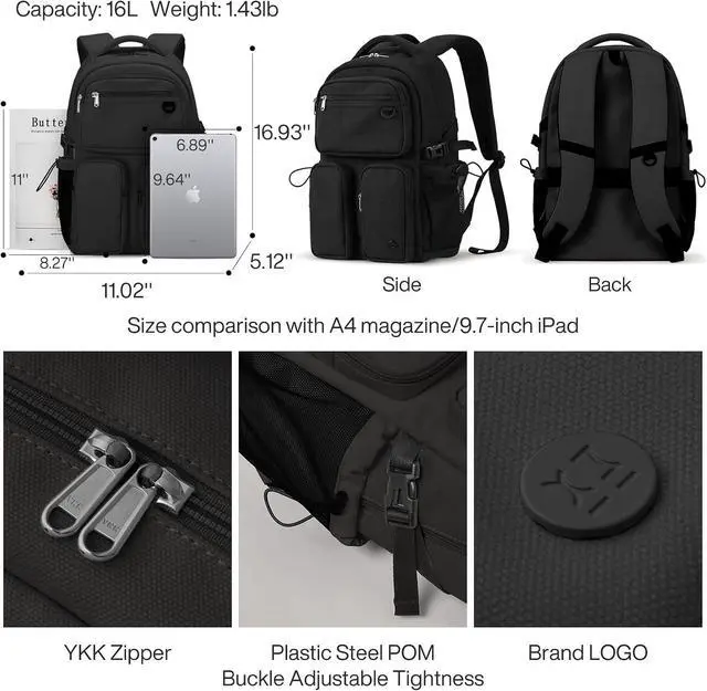 Alt view image 3 of 6 - mixi Travel Laptop Backpack, Lightweight Durable School Bookbag Men Woman 15.6" Computer Bag, Water Resistant Outdoor Hiking Backpacks With Multifunction Pockets, Black
