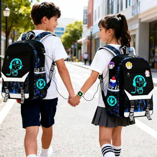 Alt view image 3 of 7 - School Backpack for Boys Print Backpack Teenagers Anime Large School Bag Outdoor Reflective Daypack.Luminous Pattern Travel Laptop Backpack - With Usb Charging Port Headphone port(Blue)