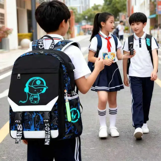 Alt view image 4 of 7 - School Backpack for Boys Print Backpack Teenagers Anime Large School Bag Outdoor Reflective Daypack.Luminous Pattern Travel Laptop Backpack - With Usb Charging Port Headphone port(Blue)