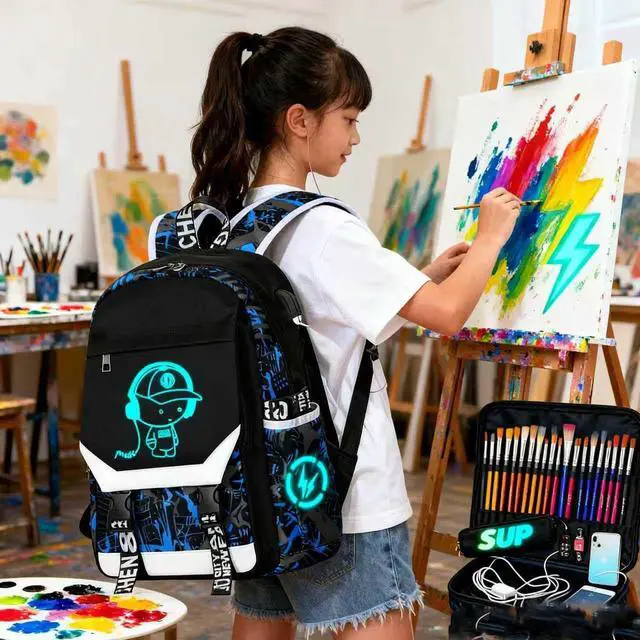 Alt view image 7 of 7 - School Backpack for Boys Print Backpack Teenagers Anime Large School Bag Outdoor Reflective Daypack.Luminous Pattern Travel Laptop Backpack - With Usb Charging Port Headphone port(Blue)