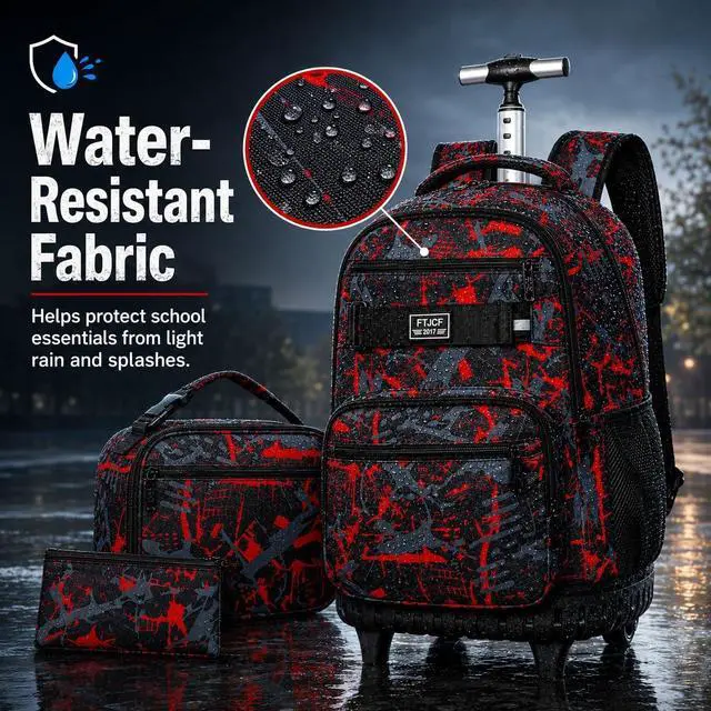 Alt view image 3 of 7 - 3Pcs Rolling Backpack for Boys Men, Travel Wheeled Backpacks for Adults, Teens College Roller Bookbag with Wheels for Men(Red)