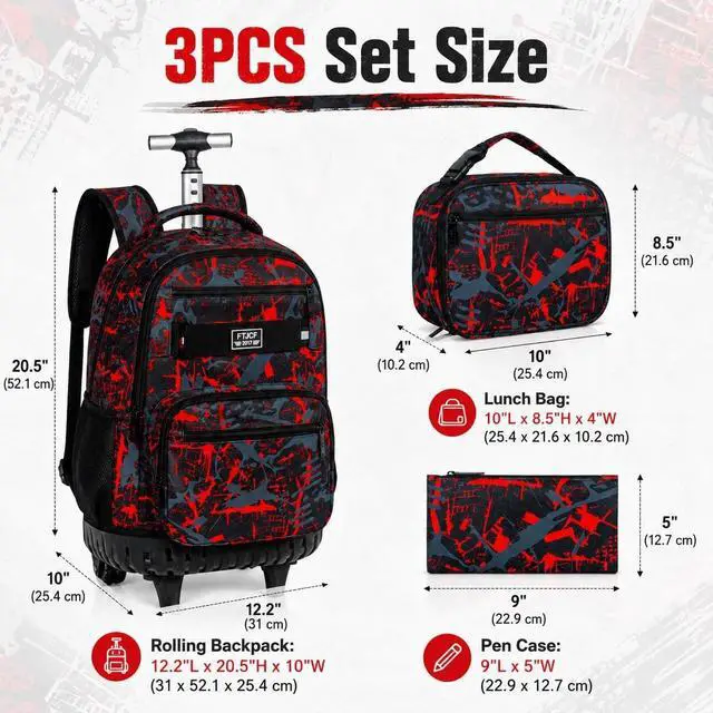 Alt view image 4 of 7 - 3Pcs Rolling Backpack for Boys Men, Travel Wheeled Backpacks for Adults, Teens College Roller Bookbag with Wheels for Men(Red)