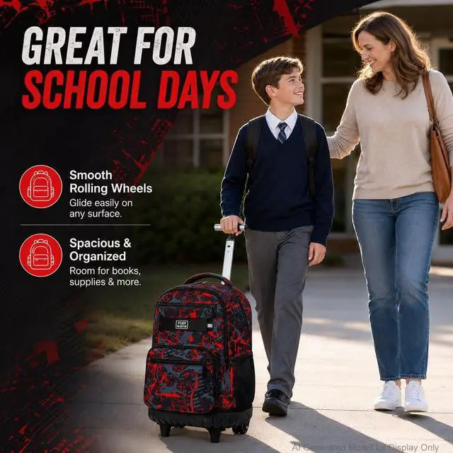 Alt view image 2 of 7 - 3Pcs Rolling Backpack for Boys Men, Travel Wheeled Backpacks for Adults, Teens College Roller Bookbag with Wheels for Men(Red)