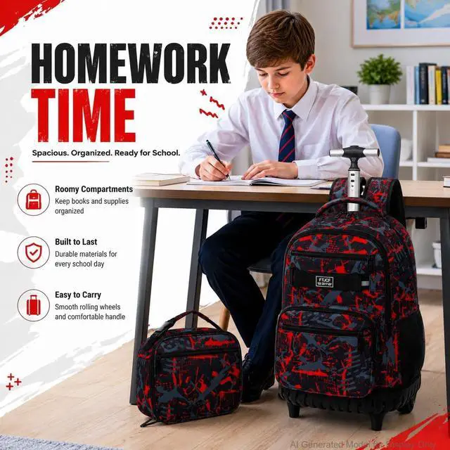 Alt view image 6 of 7 - 3Pcs Rolling Backpack for Boys Men, Travel Wheeled Backpacks for Adults, Teens College Roller Bookbag with Wheels for Men(Red)