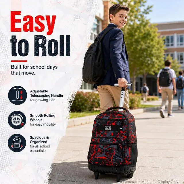 Alt view image 7 of 7 - 3Pcs Rolling Backpack for Boys Men, Travel Wheeled Backpacks for Adults, Teens College Roller Bookbag with Wheels for Men(Red)