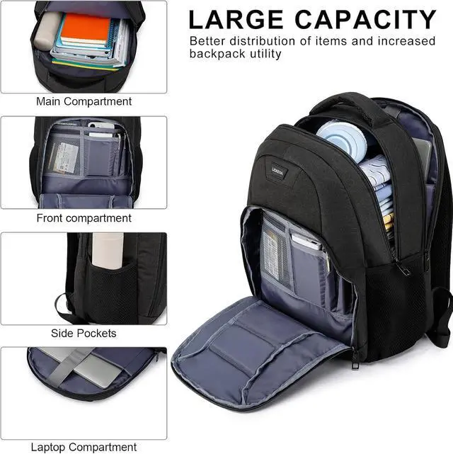 Alt view image 3 of 7 - Black Laptop Backpack for Men, School Backpacks for Teen Boys | Lightweight Backpack Personal Item Bag, 15.6 Inch Water Resistant College Bookbag Computer Bag