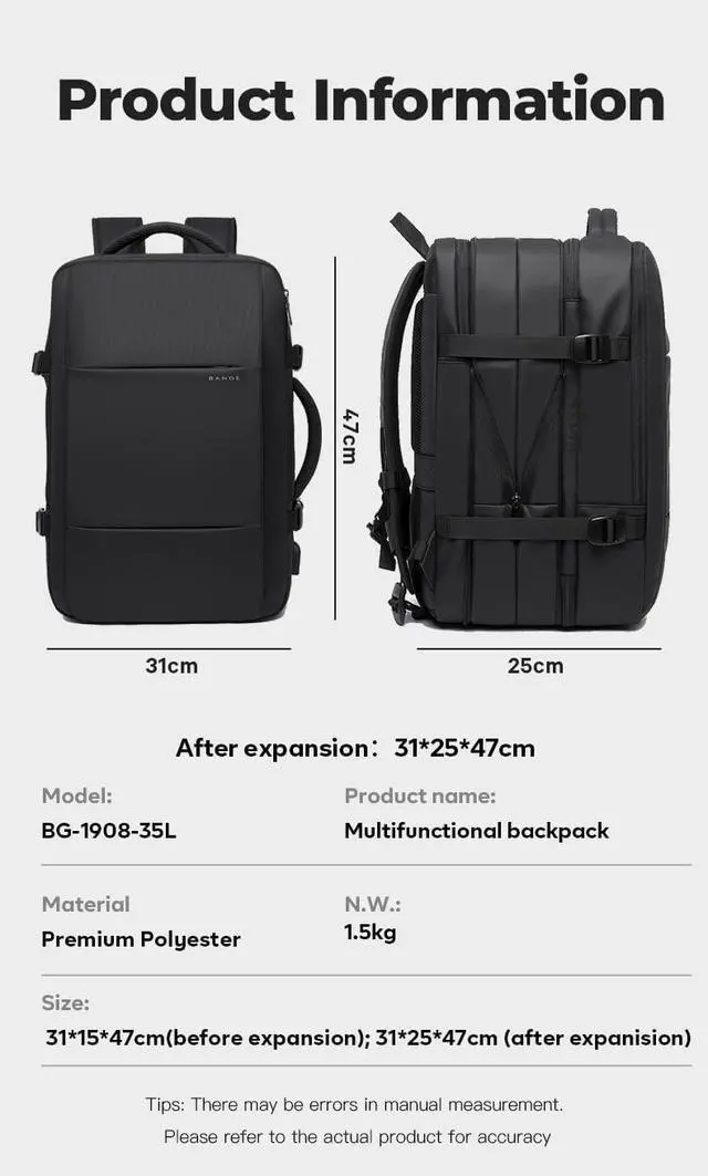 Alt view image 4 of 7 - BANGE 35L Travel Backpacks,Weekender Expandable Carry-On Backpack for Airplanes, Waterproof 17.3 inch Laptop Backpack for Men and Women