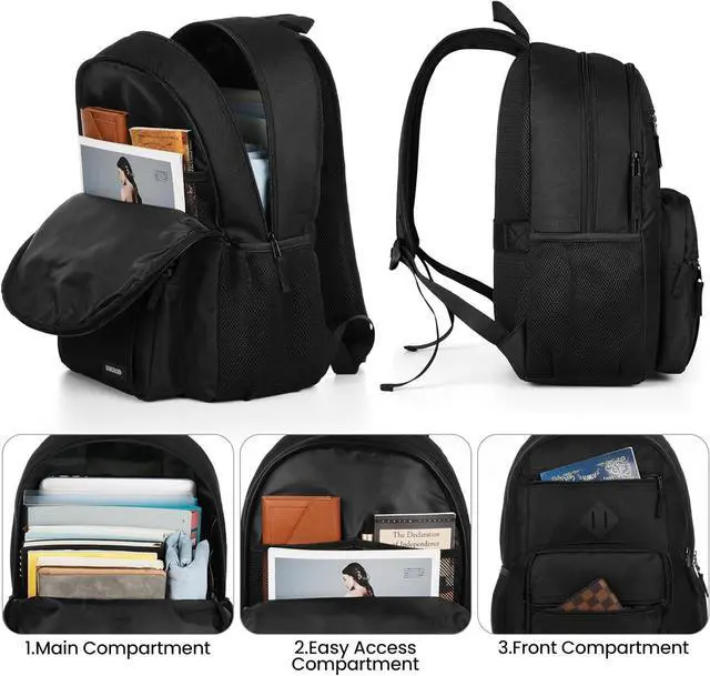 Alt view image 2 of 6 - BIKROD Black Backpack for Men and Women, Backpack for School Teens Boys and Girls, Lightweight Casual High School Bookbag, Daily-use Travel Laptop Backpack Fits 15.6 Inch Notebook
