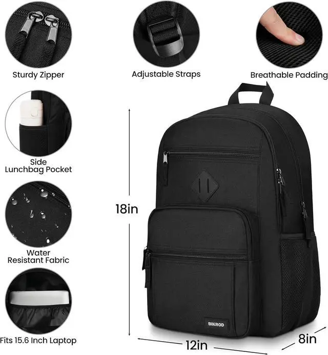 Alt view image 3 of 6 - BIKROD Black Backpack for Men and Women, Backpack for School Teens Boys and Girls, Lightweight Casual High School Bookbag, Daily-use Travel Laptop Backpack Fits 15.6 Inch Notebook