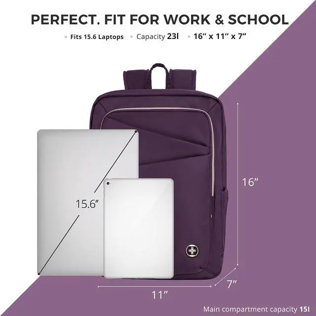 Alt view image 3 of 7 - Swissdigital Design Business Laptop Backpack for Women, College Computer Backpack with USB Charging Port, Fits 15.6 Inch Laptop Travel Work Backpack, Purple | SD1006F-46