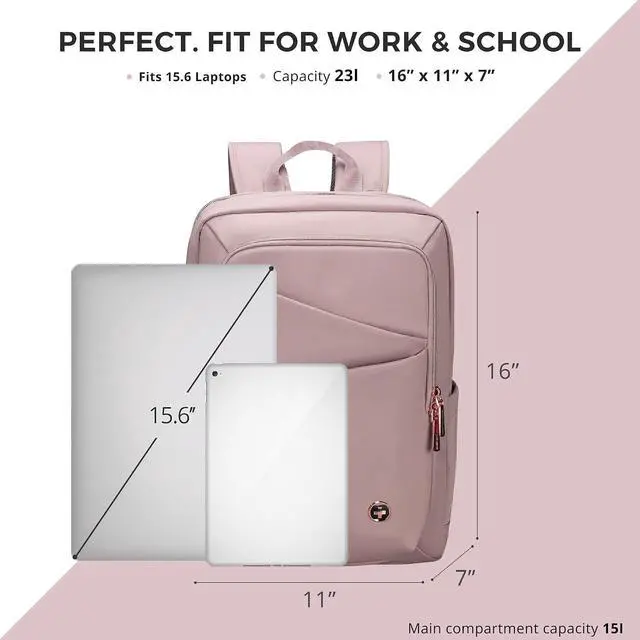 Alt view image 3 of 7 - Swissdigital Design Women's Laptop Backpack, Compact College Bookbag with USB Port,Well-Organized Daypack for Work Business, Fits 15.6" Laptop, Pink | SD1006F-82