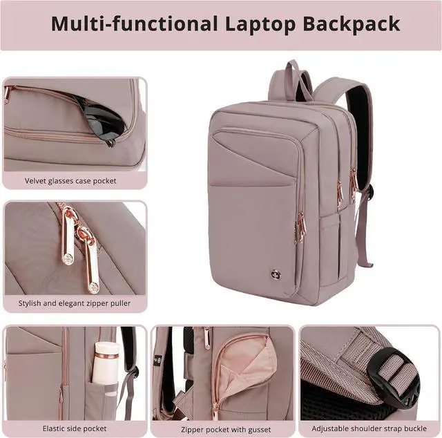 Alt view image 6 of 7 - Swissdigital Design Women's Laptop Backpack, Compact College Bookbag with USB Port,Well-Organized Daypack for Work Business, Fits 15.6" Laptop, Pink | SD1006F-82