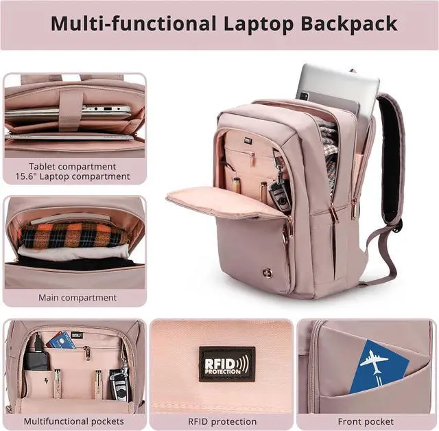 Alt view image 5 of 7 - Swissdigital Design Women's Laptop Backpack, Compact College Bookbag with USB Port,Well-Organized Daypack for Work Business, Fits 15.6" Laptop, Pink | SD1006F-82