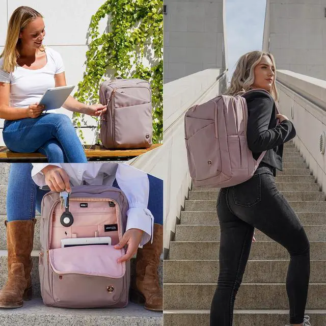 Alt view image 7 of 7 - Swissdigital Design Women's Laptop Backpack, Compact College Bookbag with USB Port,Well-Organized Daypack for Work Business, Fits 15.6" Laptop, Pink | SD1006F-82