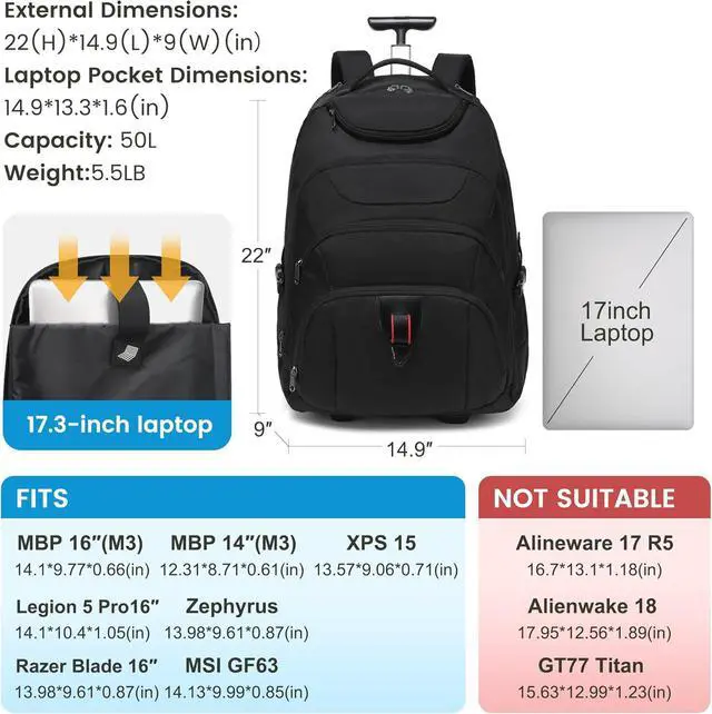 Alt view image 2 of 6 - Boavan Rolling Backpack,17 inch Water Resistant Wheeled Backpack,Carry on Luggage Business Bag, Overnight College Computer Trolley Suitcase for Men Women Adults to TravelBlack
