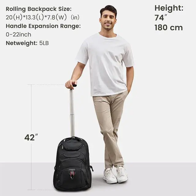 Alt view image 4 of 6 - Boavan Rolling Backpack,17 inch Water Resistant Wheeled Backpack,Carry on Luggage Business Bag, Overnight College Computer Trolley Suitcase for Men Women Adults to TravelBlack