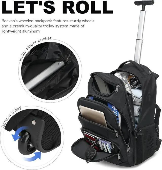 Alt view image 6 of 6 - Boavan Rolling Backpack,17 inch Water Resistant Wheeled Backpack,Carry on Luggage Business Bag, Overnight College Computer Trolley Suitcase for Men Women Adults to TravelBlack