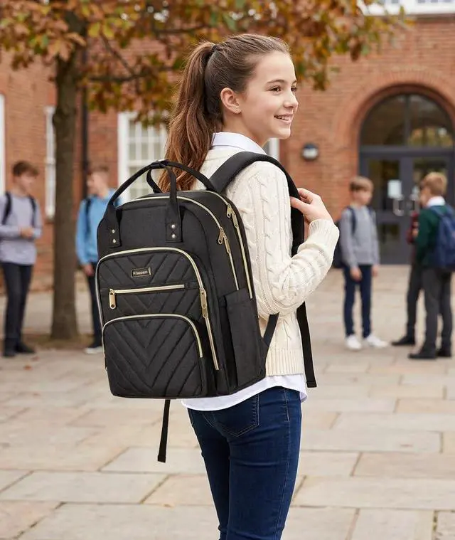 Alt view image 2 of 7 - Travel Backpack for Women, 15.6in Laptop Backpack, Quilted College Bookbag | Cute Work Backpacks, Water Resistant, Black