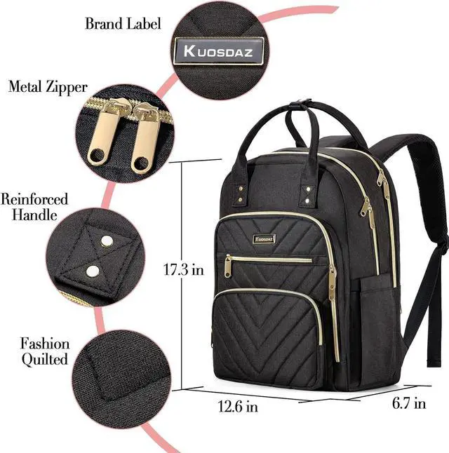 Alt view image 4 of 7 - Travel Backpack for Women, 15.6in Laptop Backpack, Quilted College Bookbag | Cute Work Backpacks, Water Resistant, Black