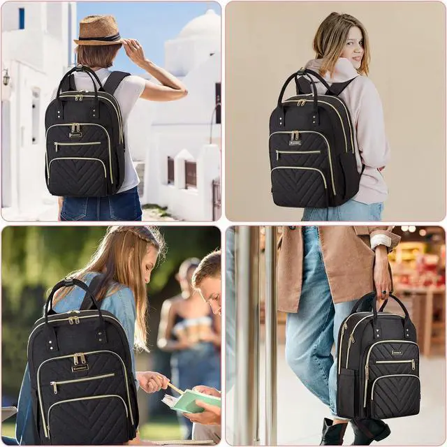 Alt view image 6 of 7 - Travel Backpack for Women, 15.6in Laptop Backpack, Quilted College Bookbag | Cute Work Backpacks, Water Resistant, Black