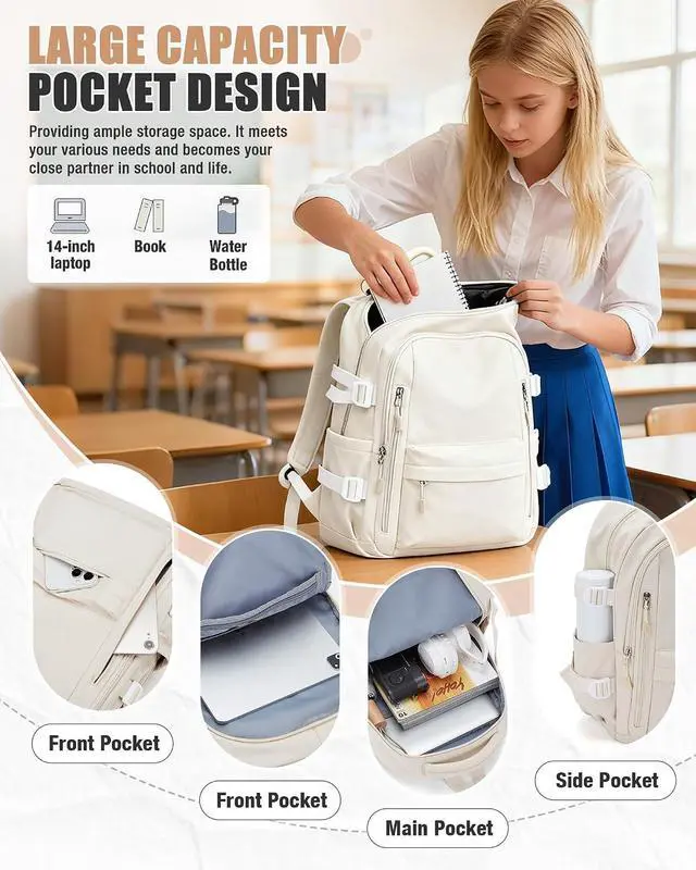 Alt view image 4 of 7 - BOXSAM Lightweight Backpack for Women, Large Laptop Travel Backpack Casual Daypack College Bag Rucksack for Men. Beige