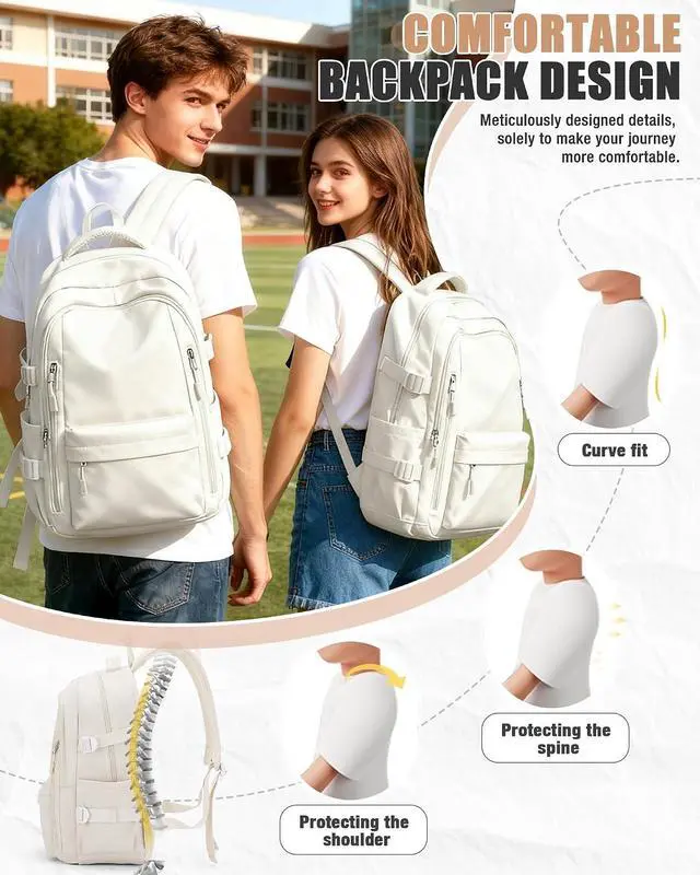 Alt view image 5 of 7 - BOXSAM Lightweight Backpack for Women, Large Laptop Travel Backpack Casual Daypack College Bag Rucksack for Men. Beige
