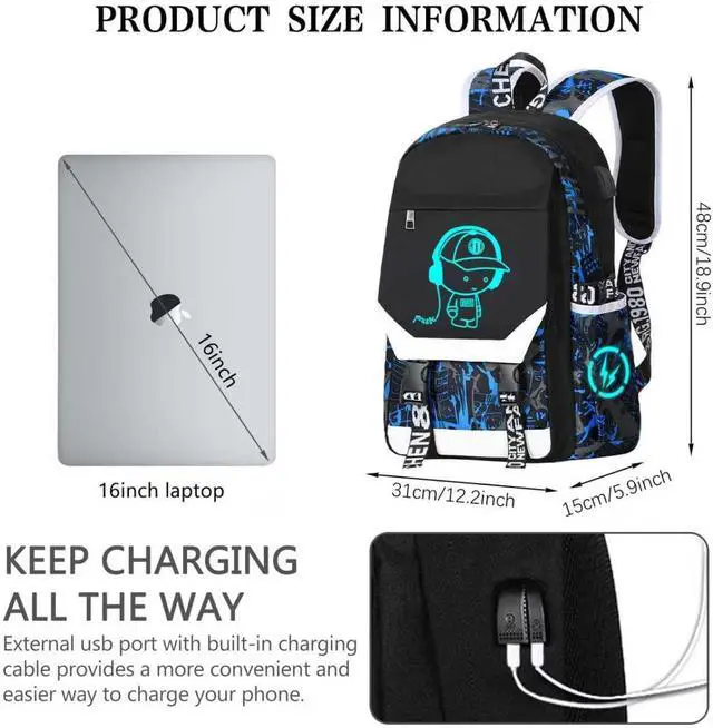 Alt view image 3 of 6 - Anime Backpack Luminous Backpack.Cool Backpacks15.6 in Large capacity Laptopeight Backpack.with.Security Lock.Travel backpack.USB Port.Travel Backpack.Anti Theft Backpack.Cool Backpackblue