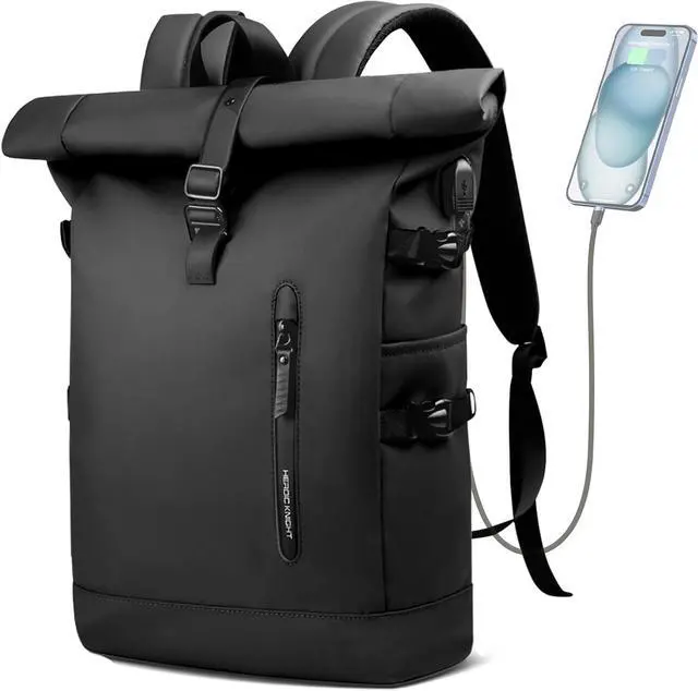 Main image of Rolltop Backpack, 15.6 Inch Waterproof Laptop Backpack | with USB Charging Port, Expandable 18-27L Travel Backpack for Men Women, Casual Daypack for Work Business College-Black