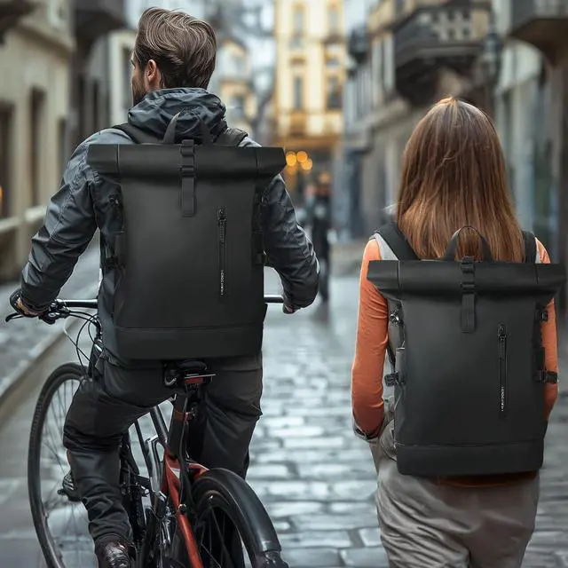 Alt view image 2 of 7 - Rolltop Backpack, 15.6 Inch Waterproof Laptop Backpack | with USB Charging Port, Expandable 18-27L Travel Backpack for Men Women, Casual Daypack for Work Business College-Black