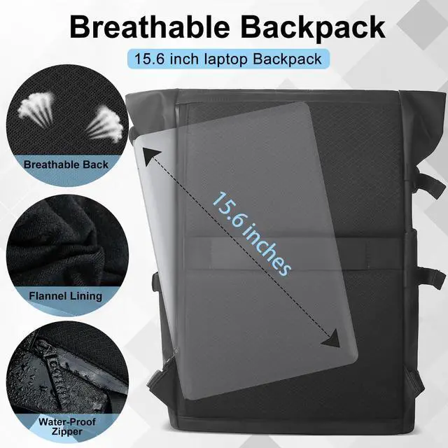 Alt view image 6 of 7 - Rolltop Backpack, 15.6 Inch Waterproof Laptop Backpack | with USB Charging Port, Expandable 18-27L Travel Backpack for Men Women, Casual Daypack for Work Business College-Black