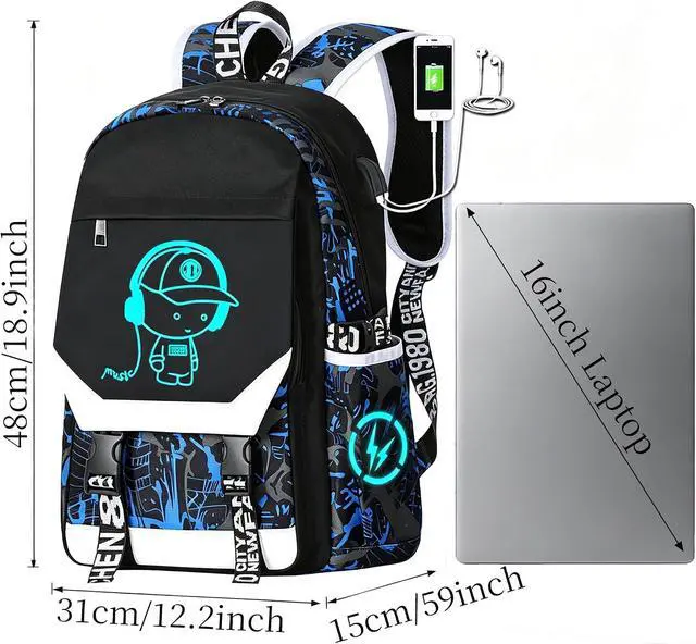 Alt view image 3 of 7 - Anime Luminous Backpack Waterproof.Cool Backpacks15.6 in Large capacity Laptopeight Backpack.with USBChargingHeadphones Port.Luminous Backpack.Security Lock
