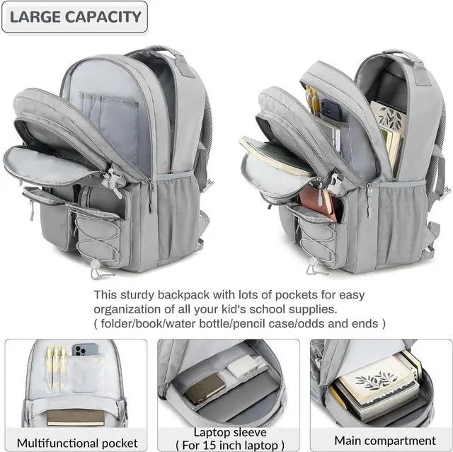 Alt view image 4 of 7 - Lohol Water Resistant Daypack with Mulitiple Pockets for School Travel Outdoor College, 15.6 inch Laptop Backpack for Men and Women (Grey)