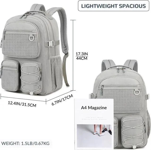 Alt view image 3 of 7 - Lohol Water Resistant Daypack with Mulitiple Pockets for School Travel Outdoor College, 15.6 inch Laptop Backpack for Men and Women (Grey)