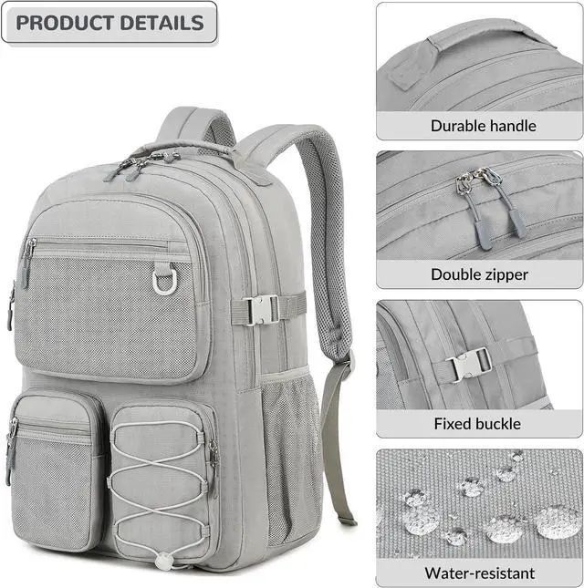 Alt view image 7 of 7 - Lohol Water Resistant Daypack with Mulitiple Pockets for School Travel Outdoor College, 15.6 inch Laptop Backpack for Men and Women (Grey)