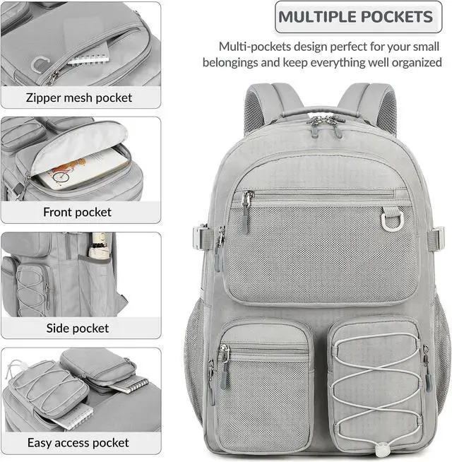 Alt view image 6 of 7 - Lohol Water Resistant Daypack with Mulitiple Pockets for School Travel Outdoor College, 15.6 inch Laptop Backpack for Men and Women (Grey)