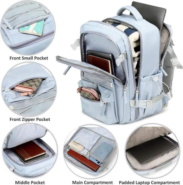 Alt view image 3 of 6 - Travel Backpack for Women Men 15.6 Inch Laptop Backpacks with USB Port Carry on Backpack Flight Approved Large Back Pack College Bookbags Outdoor Sports Hiking Rucksack Casual Daypack ( Blue)
