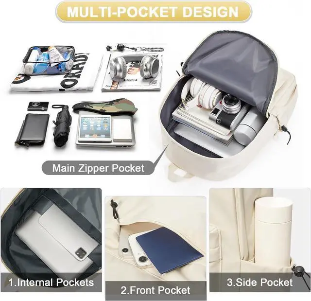 Alt view image 5 of 7 - Backpack Lightweight bag Waterproof college backpack for cute Aesthetic backpacks Casual Daypack for Men Women(Beige)