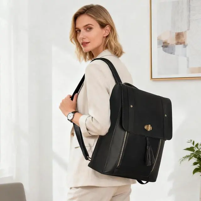 Alt view image 2 of 7 - ESTARER Upgraded Version Women PU Leather Backpack 15.6 Inch Laptop Backpack Vintage College Rucksack Bag (Black)