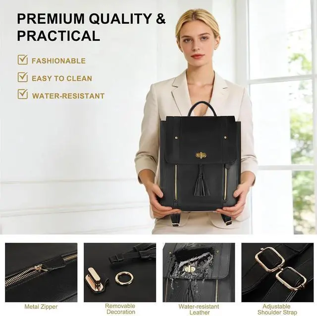 Alt view image 5 of 7 - ESTARER Upgraded Version Women PU Leather Backpack 15.6 Inch Laptop Backpack Vintage College Rucksack Bag (Black)