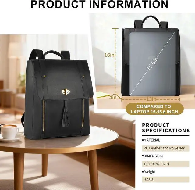 Alt view image 6 of 7 - ESTARER Upgraded Version Women PU Leather Backpack 15.6 Inch Laptop Backpack Vintage College Rucksack Bag (Black)