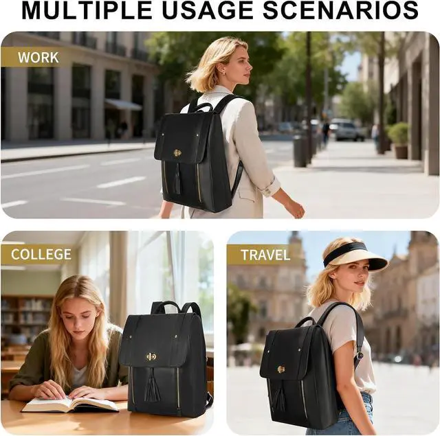 Alt view image 7 of 7 - ESTARER Upgraded Version Women PU Leather Backpack 15.6 Inch Laptop Backpack Vintage College Rucksack Bag (Black)