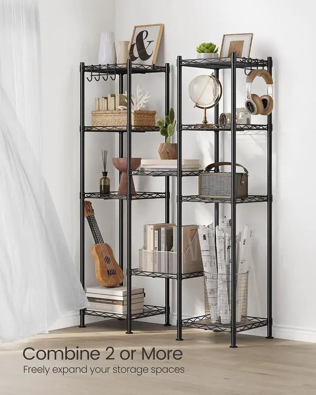 Alt view image 5 of 7 - SONGMICS Storage Shelf, Bathroom Shelf, 5 Tier, Ink Black | Small space storage rack, with 5 PP shelf liners, removable hook, extendable design, Translucent, ULGR23BK