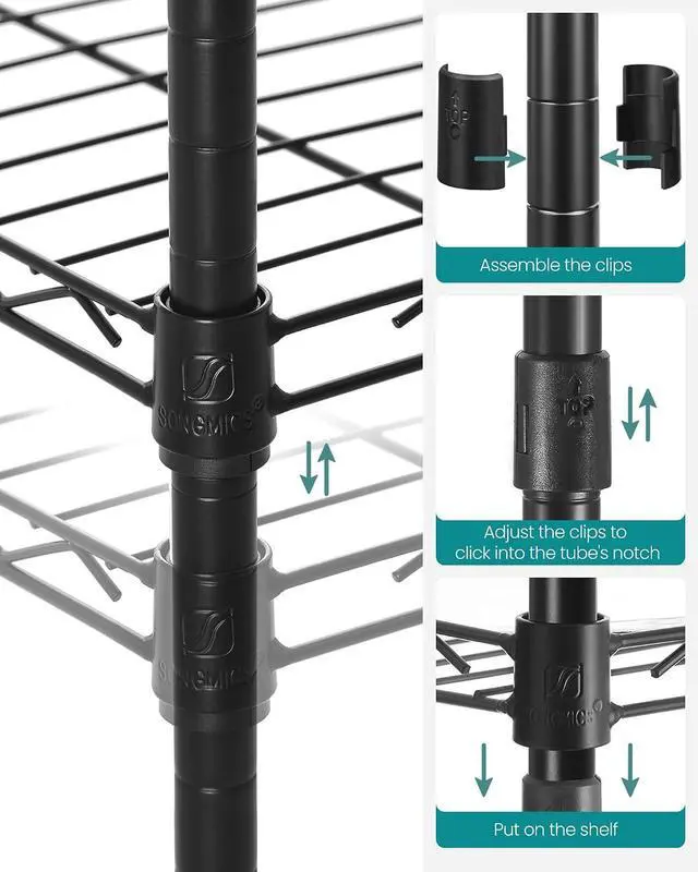 Alt view image 6 of 7 - SONGMICS Storage Shelf, Bathroom Shelf, 5 Tier, Ink Black | Small space storage rack, with 5 PP shelf liners, removable hook, extendable design, Translucent, ULGR23BK