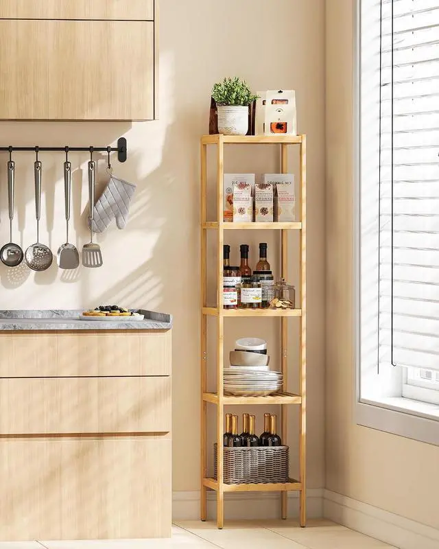 Alt view image 2 of 6 - SONGMICS Bamboo Storage Shelf, 5-Tier Shelving Unit, Multifunctional, in the Entryway, Bathroom, Living Room, Balcony, Kitchen, 13 x 13 x 57.5 Inches, Light Bamboo UBCB55Y