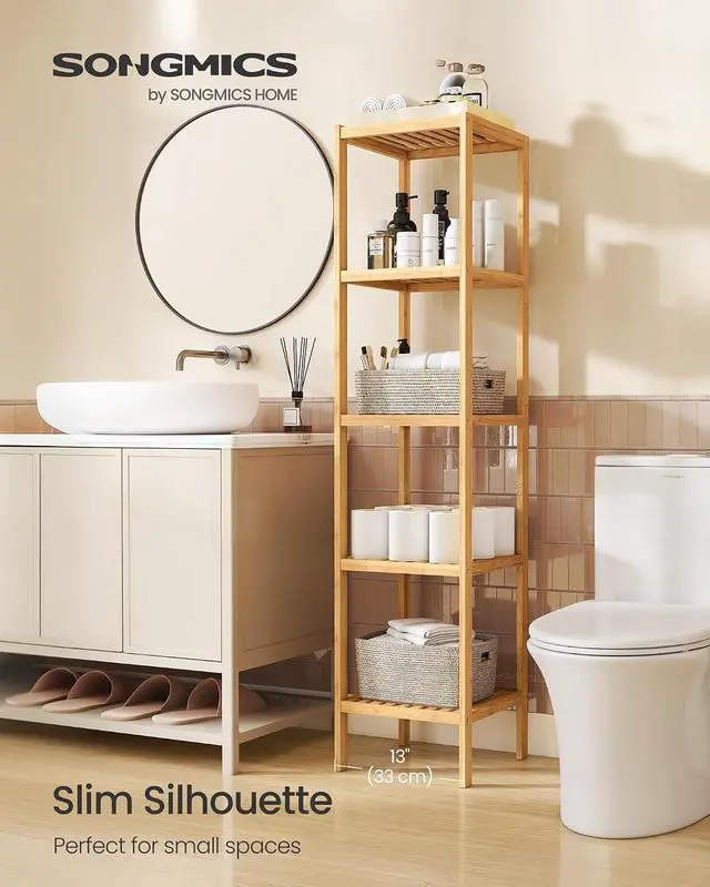 Alt view image 4 of 6 - SONGMICS Bamboo Storage Shelf, 5-Tier Shelving Unit, Multifunctional, in the Entryway, Bathroom, Living Room, Balcony, Kitchen, 13 x 13 x 57.5 Inches, Light Bamboo UBCB55Y