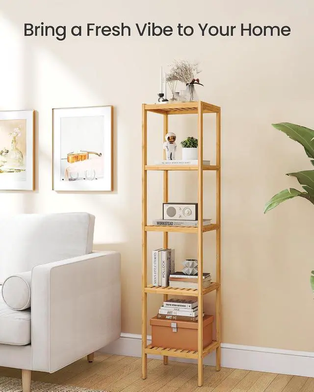 Alt view image 5 of 6 - SONGMICS Bamboo Storage Shelf, 5-Tier Shelving Unit, Multifunctional, in the Entryway, Bathroom, Living Room, Balcony, Kitchen, 13 x 13 x 57.5 Inches, Light Bamboo UBCB55Y