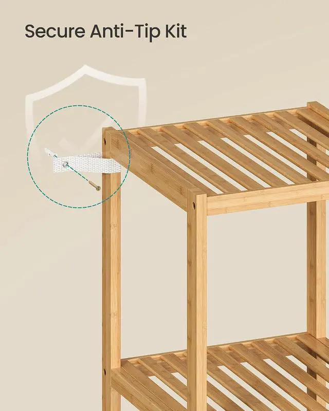 Alt view image 6 of 6 - SONGMICS Bamboo Storage Shelf, 5-Tier Shelving Unit, Multifunctional, in the Entryway, Bathroom, Living Room, Balcony, Kitchen, 13 x 13 x 57.5 Inches, Light Bamboo UBCB55Y