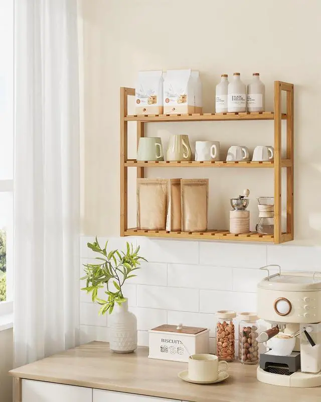 Alt view image 2 of 7 - SONGMICS Bamboo Bathroom Shelf, 3-Tier Adjustable Plants Rack, Wall-Mounted or Stand, in the Living Room, Balcony, Kitchen, 5.9 x 23.6 x 21.3 Inches, Natural UBCB13Y